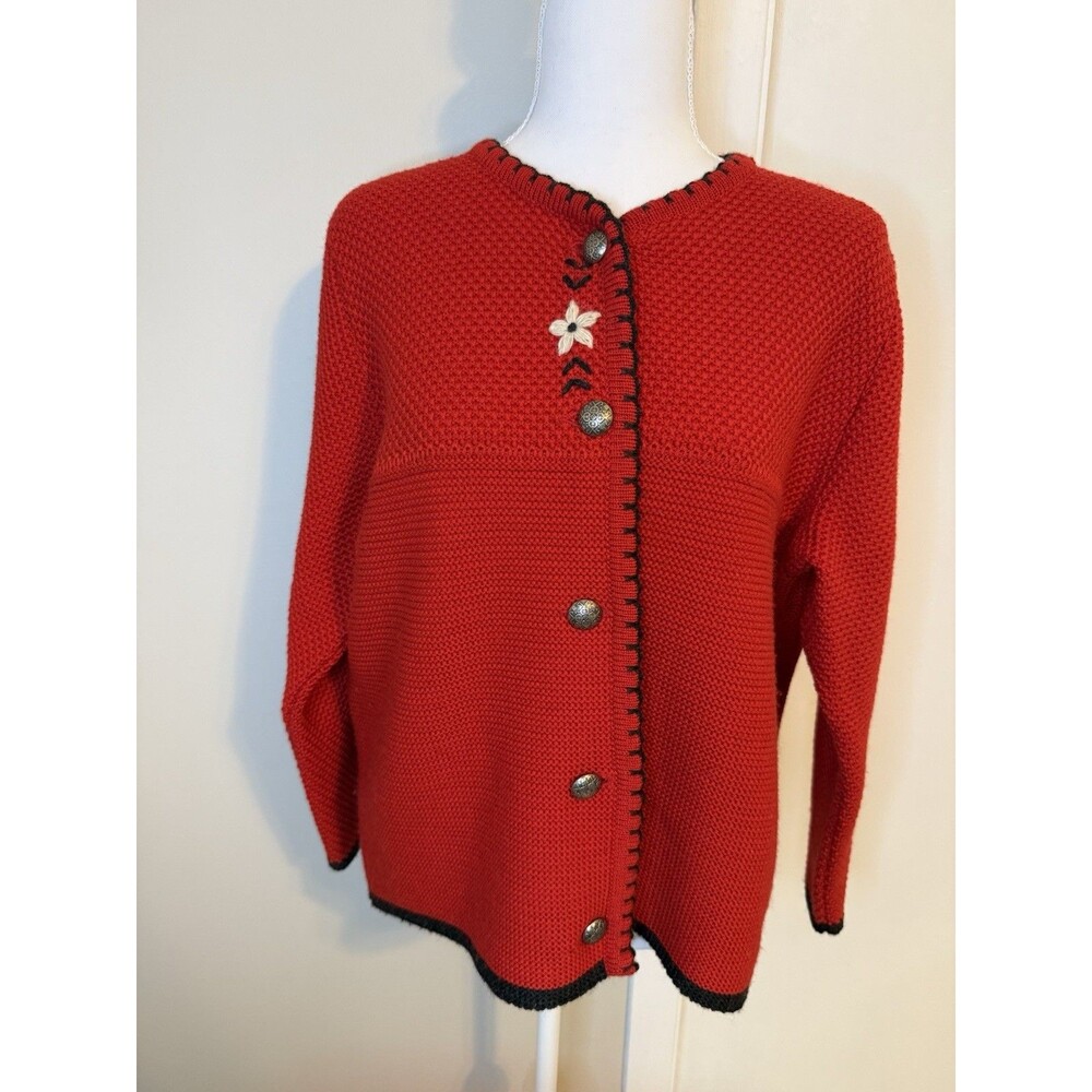 Schuy Women's Trachten Wool Knit Embroidered Button Front V-Neck Cardigan M/L